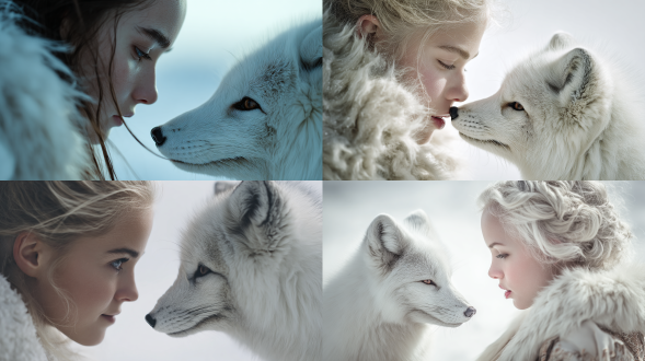 年轻女性与极地狐狸互相对视，雪地背景，极简构图，柔光，高调摄影，毛皮细节，冷色调，广角镜头，自然光，静谧氛围，安妮·莱博维茨风格，白色主调，细腻纹理，肖像特写，温柔表情，极地环境，和谐共生，纯净感，低对比度，唯美主义