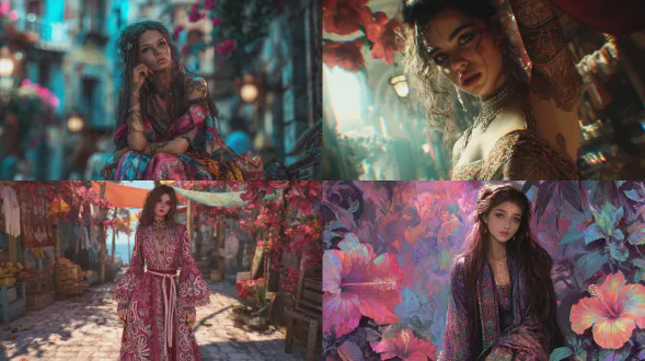 一位20岁波希米亚女孩，深褐色眼睛，凌乱长发，身穿美丽图案长裙，虹彩光影交织，女孩身体绘有海娜花纹，古老温馨市场街道，木槿花拱廊，超现实奇幻场景，融合jose royo、boris vallejo、julie bell、carne griffiths和brian froud艺术风格，中心对称构图，体积光效，光线，明亮色彩反射。