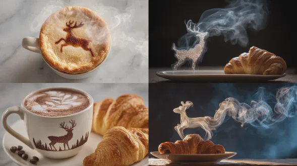 一个热可可杯在羊角面包后方产生蒸汽。蒸汽巧妙地形成驯鹿的轮廓后消散，无尽循环。充满异想天开且超适合分享。