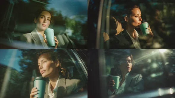 编辑摄影，平视角度，中景，一位女子坐在汽车后座，透过车窗玻璃可见。她手持一只可重复使用的薄荷绿色杯子，身着西装外套与白色上衣。柔和的自然日光透过玻璃，形成柔和的反射，营造出宁静、沉思的氛围。用佳能eos r5相机、50mm f/1.8镜头拍摄