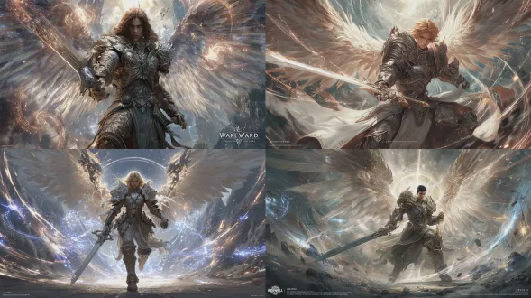 一个风格酷似《魔兽世界》的强大装甲战士，自信地向前迈步，身着细节繁复的板甲，带有发光符文与战斗伤痕。身后展开巨大而庄严的翅膀，散发着空灵能量，闪烁着银金光芒。战士表情凶猛且坚定，手持利剑，呈战斗姿态。背景是戏剧性的史诗幻想场景，有旋转魔法能量、强烈光线与动感，还有暗黑阴沉云层和远山，高度细节化，具电影感与高幻想风格。