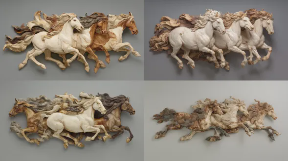 三匹马在风中奔跑，一个雕塑壁挂，一个具有浮雕效果的木雕，背景是奶油色，带有三种棕色、米色、白色和灰色。马的身体优美，鬃毛飘逸，蹄子在地上快速移动，看起来像是在飞翔。它们通过动态的姿势散发着力量。