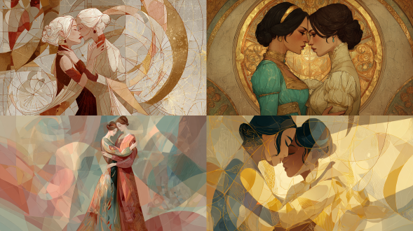 "抽象艺术风格，两位美丽女同性恋者亲密相拥，流畅曲线与几何图案交织，柔和色调与金色点缀，爱德华时期服饰，优雅长裙与精致细节，情感温柔而坚定，装饰艺术风格背景，暖光照明，高度象征性，细腻笔触，富有表现力，浪漫氛围，情感深度，麦金托什风格线条，和谐构图。"