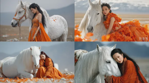 一位有着东亚面孔的酷炫优雅女子，身着宽大的橙色羽毛无肩带连衣裙，侧身倚靠在一匹纯白色的马上；场景设置在开阔荒野，背景是带浅灰蓝色调的朦胧远山与浅蓝色天空，地面散落橙色羽毛状装饰物；风格参照高端时尚人像摄影，融合电影与艺术氛围；色调主为橙色（主服装）、白色（马）、浅灰蓝色（背景），整体色调柔和低饱和，光影自然柔和，明暗对比柔和；构图是中景，人物和马占画面主体，人物在右，马在左，比例协调；额外细节：人物头发自然垂下，皮肤纹理通透，马毛顺滑有光泽，画面无多余杂质，画质8k超高清，细节饱满、氛围充盈。