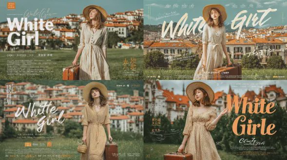 时尚人物海报设计：一位年轻女子身着米色v领纽扣连衣裙，头戴宽边白色太阳帽，手持复古棕色皮箱，伫立在郁郁葱葱的绿色草地上。背景是带有红色瓦屋顶的欧洲半木结构城镇建筑。丰富的文本元素有：醒目的白色标题“白衣女孩”，橙色草书字体“云端童话”，汉字“风的旅行者”与“云端自制童话”，还有散落的带虚线装饰的英文短语，高饱和度，满溢浪漫治愈氛围，呈现写实风格。