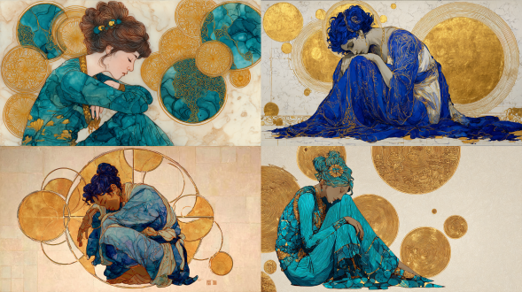 一幅蓝金配色的新艺术风格版画，描绘一位发髻造型、身着长袍、头靠膝盖的女子。她周围环绕着旋转的金色圆圈，背景是浅米色调。该 artwork 运用酒精墨水技法，有复杂细节与线条绘制，风格是新艺术结合中国影响。