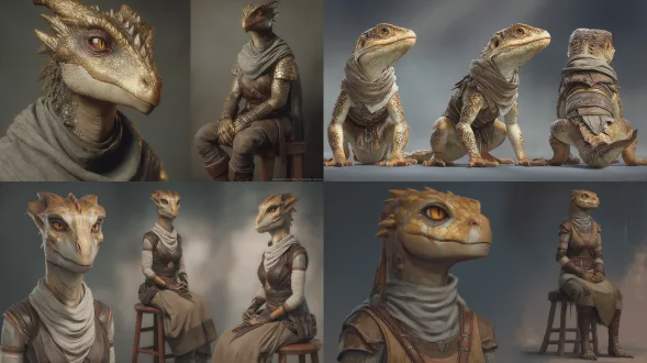 现实风格的全身或四分之三视角的莫洛克肖像，她是女性金龙裔月之环德鲁伊。温暖的金属金色鳞片，带有青铜和蜂蜜色的底色，龙类面部结构，富有表现力的琥珀色或金色眼睛。鳞片应呈现出自然金属质感，像真实的爬行动物鳞片一样带有柔和的光泽，不暗淡或呈沙色。穿着由分层、带状柔软皮革制成的天然皮革盔甲，可见缝线；没有金属盔甲部件。盔甲下有大地色调的织物和包裹物。莫洛克坐在一个简单的木凳上，姿势放松直立，双手平静地 resting。中性居中的构图，人物周围和头部上方有充足空间。戏剧性的自然光照，对比鲜明。与阿尔瓦尔使用相同的深中性灰色工作室背景，柔和渐变和微妙的晕影效果。超细节，照片级写实风格