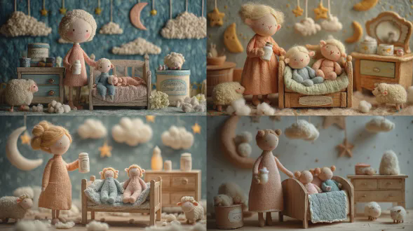 毛毡风格的异想天开婴儿房场景：一位由柔和桃色羊毛打造的温柔母亲形象立于舒适婴儿床旁，手持毛绒白色毛毡奶瓶；附近木质纹理毛毡梳妆台上放着一个由白色与淡蓝色毛毡制成的圆形奶粉罐，有刺绣标签细节；婴儿床内，两个小婴儿——一个着浅蓝色睡衣，另一个穿柔和粉色睡衣——并排躺于绗缝毛毡毯上，圆脸上有纽扣眼睛，用纱线簇做头发；墙壁饰有缝制星星月亮，上方挂着毛毡云朵与绵羊挂饰，地板棉球绒毛似散落梦境；氛围温暖 nurturing 且深深温柔；无文字无标志；具8k照片级真实感，带柔焦与微妙移轴迷你效果