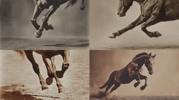特写一匹腾空跃起的马，四蹄清晰离地，以埃德沃德 迈布里奇的复古科学摄影风格捕捉。高速定格运动研究，单色棕褐色调，锐利侧光，地面清晰的尘土分离，维多利亚时代的摄影颗粒，19世纪运动研究背景，高度逼真的解剖结构，清晰的阴影，纪实准确性，大画幅相机美学，浅景深