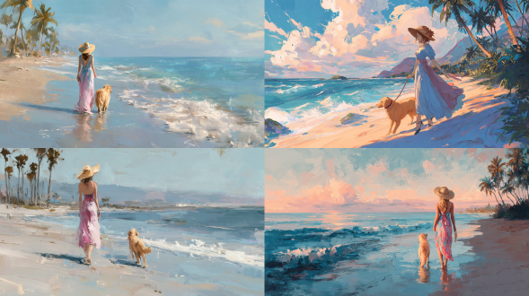 一位身着蓝、粉、白相间连衣裙的女士，戴着草帽，正与她那只浅金色的金毛犬在海滩上漫步，风格为artgerm。全身照呈现出浪漫景致，有棕榈树、海浪和沙滩。柔和的色彩与梦幻氛围营造出类似油画的效果，可见笔触且纹理平滑。这幅数字艺术作品展现出精致细节、细腻线条和逼真的光照效果，构成美丽的风景。