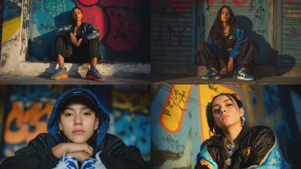 穿着黑蓝街头服装的20多岁洪都拉斯女性，城市背景，涂鸦墙，动态姿势，自信表情，自然光与霓虹灯混合，中焦距镜头，高饱和度色彩，街头文化元素，黄金时刻光线，细腻皮肤纹理，强烈眼神接触，运动鞋，宽松夹克，层次感服装，强烈个性，都市氛围