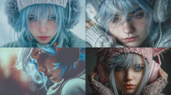 图片风格为写真,写真风，质感光照，自然光线，质感十足，摄影风格。高级摄影，画面真实，生动细节，光线统一柔和，画面中的主体是一个冷白皮肤的妖冶少女。他的蓝色的中长头发蓬松地散落在肩头，微微卷曲，，长长的刘海几乎挡住了眼睛，一侧鬓发比另一侧更长。少年的丹凤眼，垂眸时露出青瞳和长长的睫毛，眼神里有着淡淡的忧伤，又带着病娇感的邪魅微笑。戴着耳机、项圈、猫耳毛线帽和耳饰，身着冲锋衣。画面呈现出颗粒感和琉璃质感，整体色调是低饱和度的梦幻朦胧色。采用头部局部特写的构图，通过柔光与暗黑光影的交织，营造出一种独特的神秘氛围。超级多的小装饰品。