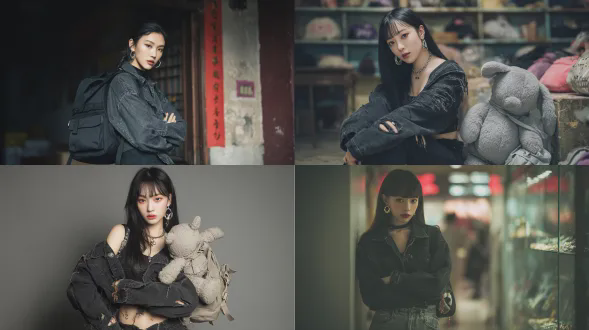 整体构图融合浪漫主义与潮流时尚风，莫兰迪高级灰色调，突出人物立体轮廓与优雅气质。强透视，镜头感，画面张力，淡彩，营造光影斑驳、虚焦的氛围。<br/>聚焦超高颜值美女鞠婧，凹凸有致，留着亚麻色齐刘海长发，佩戴大圈耳环，妆容精致，整体风格偏向潮流酷感。黑色做旧牛仔夹克，版型宽松，带有拉链设计，露出部分腰腹。黑色大破洞牛仔裤，破洞设计夸张且有层次，呈现出复古做旧的街头风格。黑色大容量背包，包上挂着一个灰色小熊挂饰，增添了一丝趣味感。她双臂交叉于胸前，身体微微倾斜，姿态随性又带有几分酷飒的态度，眼神看向镜头，整体呈现出自信且有风格的状态。场景位于一家风格复古的店铺内，推测可能是唱片店或潮流买手店。店内有木质货架，摆放着唱片和创意周边，墙面有些做旧质感，还能看到电器设备和海报；窗外是街道景象，有骑摩托车的行人和绿树，营造出一种融合了复古潮流与城市街头的氛围。