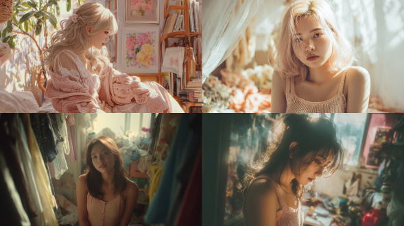 图片风格为曦梦，不改变画面中人物细节和构图，添加梦幻朦胧感，环境为晴天，柔和的光线笼罩。略显紧凑的卧室里，一位亚麻色长发及胸、模样似陶瓷娃娃般精致的冷白皮女生，身着浅粉、奶白、浅杏风格的薄款针织吊带，其柔糯的质感和分明的层次十分突出。画面因快门速度不足产生轻微运动模糊，构图随性却满是生活里的鲜活日常。一张普通的iphone实拍，没有明确的主体，主角是19岁自带网红感的女生，高鼻梁，脸型与身材纤细，缺乏刻意构图感，仅是一张随手抓拍的画面。这张照片带着轻微运动模糊，且因阳光分布不均，还存在轻微过曝。阳光穿过发丝落在脸颊，凸显冷白皮通透细腻的肌肤状态，整体神态灵动又不失随性。唯美的氛围感。写实摄影风格，非商业修图，保留细微噪点，高光不过曝，阴影有细节，表情自然松弛、透着慵懒休闲，眼神真实不刻意（看镜头或不看镜头均可），呈现出慵懒松弛的悠闲状态，是一张极贴近生活写实的照片（权威）。氛围感，情绪片，ccd拍摄质感，堪比大师作品。