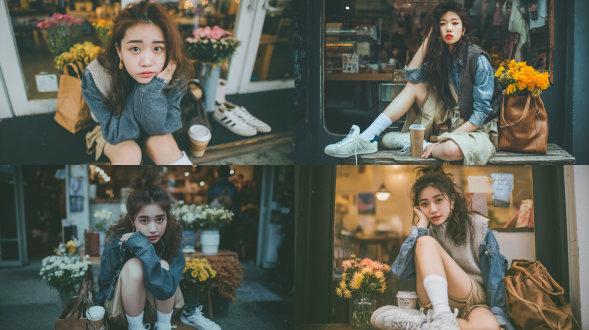 休闲慵懒风 女子人像摄影，人像写真摄影，暖光，发丝光，薄纱肌肤，上半身，桃花眼睛绝世美女，半身广角镜头，层次感，柔焦， 高对比度。虚焦，动态模糊，梦核感，忧郁，黑柔滤镜。很多花朵 20岁绝美女子，上身穿牛仔衬衣外搭深灰色毛线背心，下身穿卡其色短裤，脚穿白色棉袜、白色阿迪达斯德训鞋。棕色清爽飘逸微弯长发，发丝凌乱美，金色简约耳圈。黑色超大托特皮包，一手拿着咖啡。环境是咖啡店外的长椅。惬意、放松、随性的氛围。生活化场景，时尚氛围，写实风格，高清细节。场景抓拍，独特的拍摄角度，非对称，光影美学，自然色彩，丰富层次感，细腻画质，真实，情绪氛围感，胶片质感，电影质感