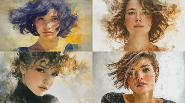 水彩厚涂风格，短发蓬松有光泽的女子，发丝如瀑布向上飞扬，直视镜头，细腻笔触，颗粒感，饱满色彩，故事感，高对比度，特写镜头，动态瞬间，柔和背景，光影交织，强烈情感，暖色调，艺术感，笔触纹理，生动表情