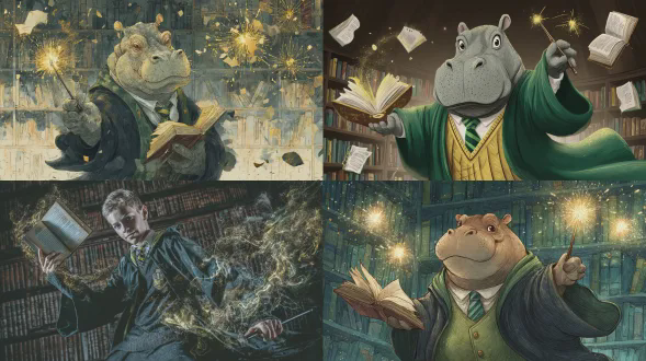 海马体风格哈利波特主题写真，斯莱特林的校服，酷飒的姿势，风拉扯巫师袍，图书室书架为背景，左手捧一本神奇的书正碰撞出奇异的火花，右手拿着魔杖，表情可爱，魔法火花使泛黄的书页一张张悬浮空中，还有一个时间转换器悬浮在手边。添加奇幻色调