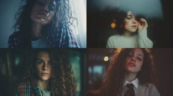 强透视，镜头感，画面张力，淡彩，营造光影斑驳、虚焦的氛围。美女，微卷凌乱的头发，戒指，高挑，高冷，精致的五官，暗黑背景，姿态放松，卷曲的长发，浅色卫衣，内搭白色衬衫黑色领带，腰间系着格子衬衫。柔焦灰度美学，低饱和清冷色调，细腻肌理质感，情绪写意，极简风，艺术人像高级感。灰调，暗调，大光圈虚化营造高级电影质感。整体构图融合浪漫主义与暗调美学，突出人物立体轮廓与优雅气质。空灵的气氛，巧妙地捕捉情感，情绪表达色彩化，色彩艳丽，情绪叙事，整体氛围慵懒又随性，尽显松弛感，现场感，既视感，伦勃朗光，极强的光影对比，渐变美学，氛围感，故事感，img_2094.cr2，ins风，背景虚化，松弛自然，沉浸，50mm f/1.2定焦，文艺风格构图，细节丰富，强烈的视觉冲击力暗沉色调