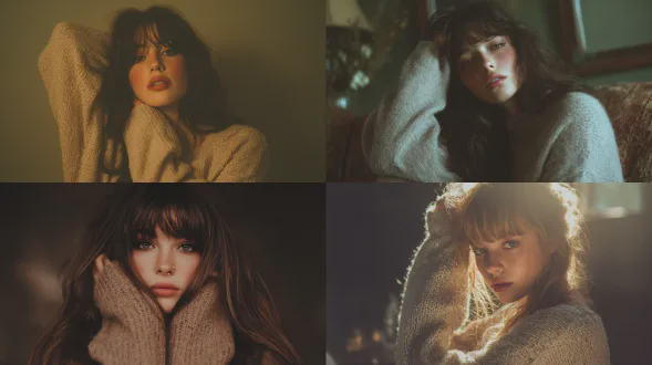 柔光，暗色调，高曝光，复古，美女，网红妆，ins风，超长发，刘海，碎发，超凌乱，好看的滤镜，深情，宽松毛衣，珍珠，有颗粒感，氛围感拉满，好看的动作，拉扯感，故事感，迷离，模糊的背景，朦胧慵懒的感觉