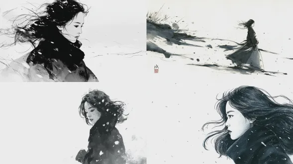 黑色钢笔插画，下雪场景，冬季寒风，韩国女性飘动黑色长发，刷绘风格，白色背景，简约构图，高对比度，细腻线条，冷色调，动态笔触，优雅姿态，侧面光，轻盈感，水墨效果。