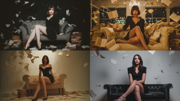 一张女性的照片。她有着齐肩的深棕色直发。她正坐在一张小沙发上，看着镜头。场景是拉远的。她穿着黑色连衣裙和高跟鞋。场景光线很好且均匀。有书在她周围飞舞，她的部分头发被书和鸡翅缠住。