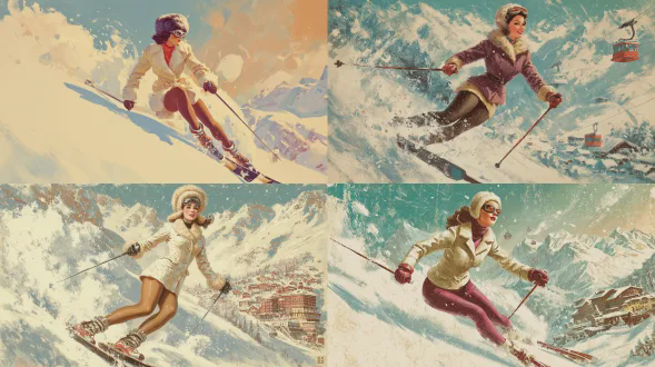 圣莫里茨滑雪场的复古旅行海报，20世纪50年代风格，营造优雅且专属的氛围。一位时尚专业的女性滑雪者高速滑下陡峭的高山斜坡，具备完美刻滑技巧，动态姿势尽显掌控力，雪花粉末在其周围迸溅。她身着正宗的20世纪50年代滑雪服饰，不过是以单色紧身裤替代滑雪裤：有着合身的高腰轮廓，蓬松的羽绒滑雪夹克，长毛皮帽子，针织手套，还有复古弹力带滑雪护目镜。呈现出优雅自然的动态滑雪姿态，拥有纤细的臀部与腿部。背景是白雪皑皑的阿尔卑斯山，伴有滑雪缆车和豪华小屋。采用温暖的复古调色板（奶油色、粉蓝色、深红色、柔和金色）。具有绘画石印画风格，高细节，满含怀旧魅力，呈现电影般构图，唤起休闲、精致与高空优雅之感。