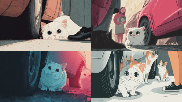 白色流浪猫从车底探头，大眼睛可怜巴巴，女士即将开车门，怀抱肥硕三色纯种猫，城市背景，黑色轮廓，彩色插画，半写实风格，对比构图，广角镜头，戏剧性光影，柔和色调，情感张力，细腻纹理，环境对比，同情与冷漠，动态平衡