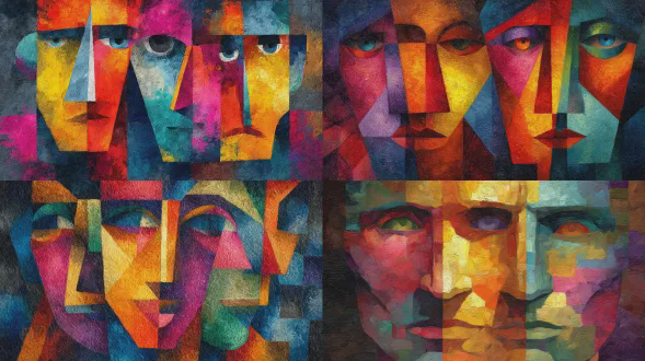 抽象立体派人脸绘画，多张脸不同颜色形状，油画质感背景，红橙黄蓝绿粉紫深浅交错，深色边缘渐变，纸张或画布效果，高对比度，粗犷笔触，几何分割，立体主义风格，明亮色彩与暗调对比，浓重阴影，抽象表情，艺术感强烈，现代派构图，多层次深度，动态光影。