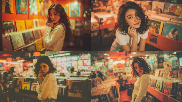 年轻东亚女孩波浪发，咬下唇歪头俏皮眼神，白色修身泡泡袖圆领上衣配高腰紧身牛仔裤，复古唱片店内彩色黑胶唱片，温暖橙色灯光，生动氛围，胶片颗粒效果，浅景深，50mm镜头，柔焦，高光细节，暖色调，自然光与人工光混合，轻微过曝，怀旧感，活泼情绪