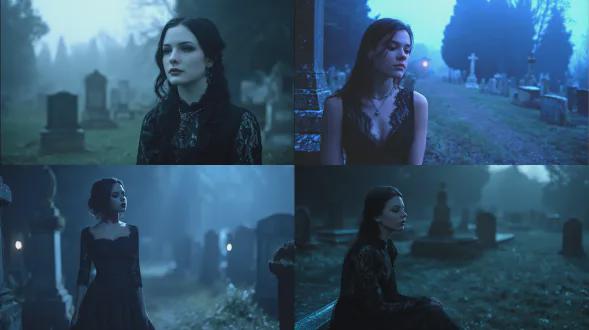 夜晚墓地中的哥特女孩，苍白皮肤，黑色蕾丝长裙，忧郁表情，月光照亮墓碑，雾气弥漫，冷色调，低角度拍摄，长焦镜头，柔光，慢快门，寂静，神秘，哥特风格，高对比度，银蓝色调，阴森氛围，孤独感。