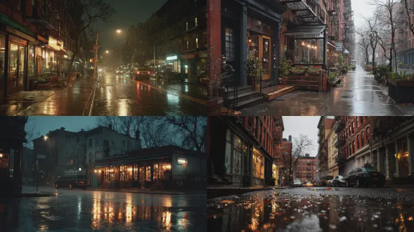 一个雨天里安静、质朴的纽约街道，没有行人。轻柔的雨，潮湿反光的路面，小店面在忧郁的氛围中温暖地发光。街道通风口冒出细微的蒸汽，柔和的电影色调，柔和的景深，以及真实的雨滴纹理。用超高端商业相机拍摄，如飞思xf iq4 150mp和哈苏h6d-400c，以获得清晰的细节、丰富的反射和大气的真实感。