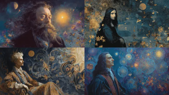 油画风格超现实插画，幻想中的达芬奇，身着文艺复兴长袍，深邃沉思表情，背景神秘宇宙，太阳耀斑与月亮共存，繁花漂浮，与深邃黑暗形成强烈色彩对比，笔触细腻，梦幻光影，超现实构图，丰富的象征元素，深邃蓝与金色调，神秘与智慧氛围。