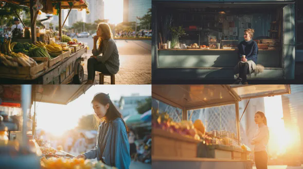 清晨餐车旁享用早餐的女顾客，新鲜农产品摆放整齐，温暖阳光照射，现代简约构图，纪实风格，人文气息，暖色调与青色点缀，20多岁苗条女性，长袖衬衫与leggings，自然表情，城市背景，广角镜头，柔和侧光，生活化瞬间，真实城市生活。