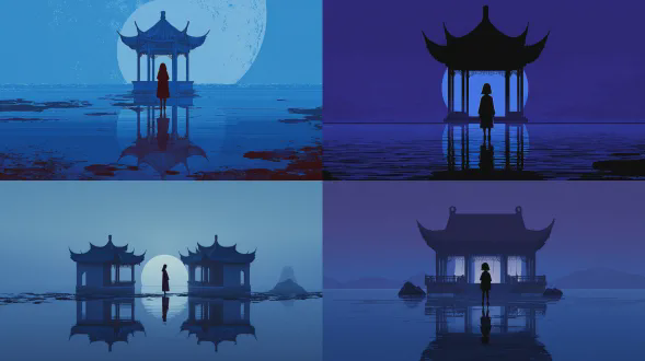 中式亭子前站立年轻女生，对称构图，扁平设计，极简主义，蓝紫色调，深蓝与浅靛蓝主色，水面倒影，月亮剪影，宁静氛围，高分辨率，广角镜头，柔光，静态姿势，神秘情绪，简约服装，中性表情，高对比度，夜间场景，冷色调，细节精致。