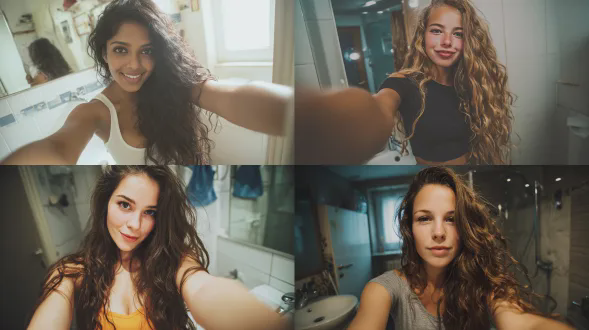 美女对镜自拍，闪光灯开启，自然大波浪长发，露肩紧身t恤，洗漱池背景，整洁干净，自然生动，高对比度，室内灯光，广角镜头，前置摄像头透视，柔和肤色，明亮色调，活力四射，自信微笑，都市风格，夏日氛围，现代感，家居环境，细节丰富。