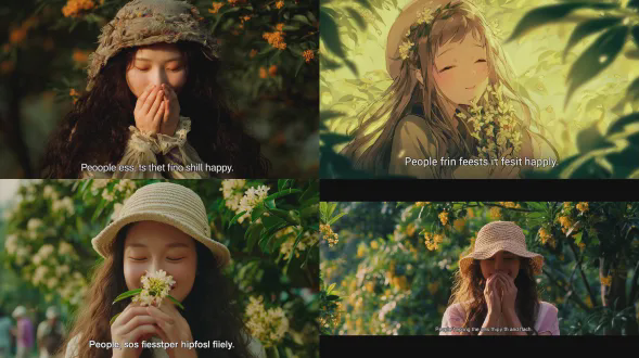 戴帽子的女生闭眼微笑闻桂花，大波浪卷发，繁茂桂花树下，柔和清新色调，治愈自然感，居中构图，浅景深，自然光逆光，花瓣飘落，温暖宁静，字幕居中下方“-人要先感到幸福- people should feel happy first”。