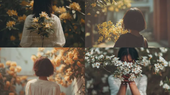 女生背影手拿桂花，清新自然风格，桂花树前，居中构图，暖光柔焦，浅景深，自然色调，治愈感，字幕居中下方，柔和阴影，简约字体，清新温暖，生活态度，和谐统一