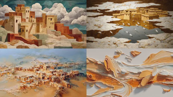 油画风格，3d，微景观，厚涂，厚薄不同塑造立体感居中斜构图的一抹赭石色，赭石色上(敦煌莫高窟九层楼，戈壁倒影，石窟建筑群背后有云彩，云层中升起的太阳)，极简俯视图，大面积留白，白色纹理纸质背景