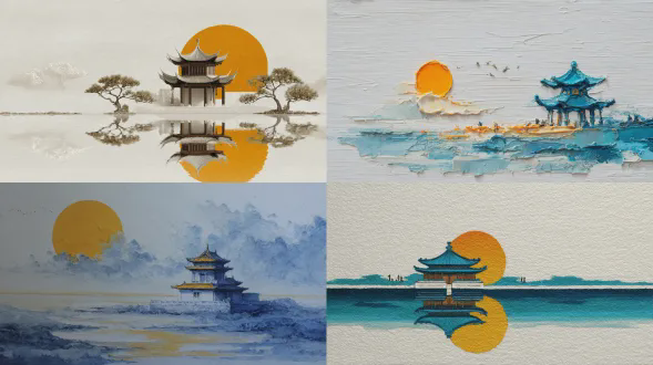 油画风格，3d 微景观，厚涂技法，用颜料厚薄差异塑造层次立体感，居中斜构图一抹明黄，明黄上（颐和园佛香阁，昆明湖倒影，阁楼后飘着棉云，云层中升起金橙太阳），极简俯视图，大面积留白，白色纹理纸质背景