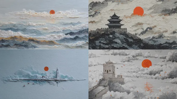 油画风格，3d 微景观，厚涂技法，用颜料厚薄差异塑造层次立体感，居中斜构图的一抹青灰，青灰上（八达岭长城，城台旁积水倒影，城墙后飘着薄云，云层中升起橙红太阳），极简俯视图，大面积留白，白色纹理纸质背景