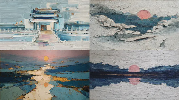 油画风格，3d 微景观，厚涂技法，用颜料厚薄差异塑造层次立体感，居中斜构图的一抹黛青，黛青上（天坛祈年殿，殿外石板倒影，殿宇后衬着淡云，云层中升起暖粉太阳），极简俯视图，大面积留白，白色纹理纸质背景