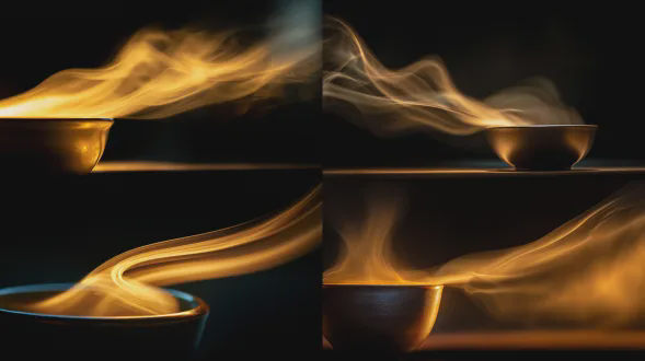茶杯蒸汽在窄光束中盘旋，如黑暗中的发光呼吸，特写构图，90mm微距镜头，暗黑背景，温暖金色光晕，慢速快门，动态模糊，蒸汽细节，高对比度，尼康z9，静谧氛围，柔和散景，金属光泽，极简主义，细腻纹理，优雅流动。