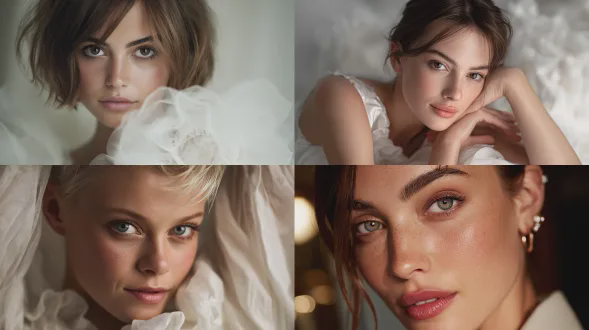 影棚时尚人像，100%保留面部细节，柔和的漫射主光，眼神中透出微妙的光晕，白色缎面服装，现代魅力氛围，发型轻柔，肌肤光滑无瑕，背景虚化层次丰富，vogue杂志大片风格，细节极其清晰