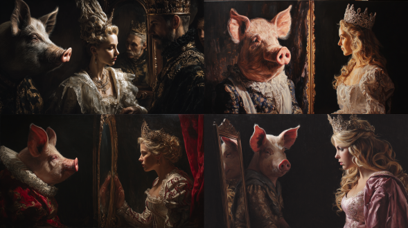 卡拉瓦乔风格文艺复兴油画，对称构图，一分为二，左侧英国女王装扮的猪照镜子，右侧金发戴皇冠的人类女王，皇室房间场景，逼真超写实，大师级柔光，侧光，戏剧性对比，华丽服饰，细腻笔触，深色背景，暖色调，庄重氛围，古典油画质感，镜面反射，高贵表情，细节丰富。