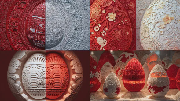 多层纸艺波普超现实主义蛋雕艺术，中距离拍摄，中国传统红白配色，一半红色纸雕绘画，另一半白色纸雕绘画，区域照明，展位背景，高细节纹理，对称构图，柔和漫射光，哑光质感，超现实风格，复古未来感，冷暖色调对比，静态展示，文化融合