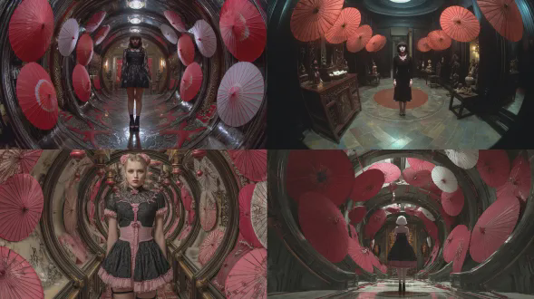 "hr吉格尔风格哥特洛丽塔少女站在螺旋形无限循环的圆形酒店走廊，穿着黑色蕾丝裙与淡粉色配饰，面无表情，走廊悬挂红白油纸伞，尽头有中国祭坛，暗黑氛围，广角镜头，低角度拍摄，冷光与暖粉对比，细节纹理，超现实构图，神秘感，对称布局，高对比度，虚幻空间感。"