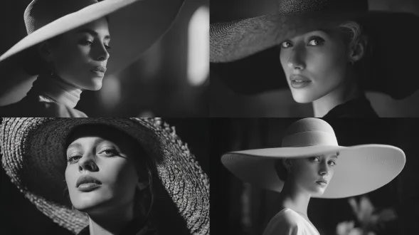 戴宽檐帽的女性肖像，左侧单点柔光照明，电影级明暗对比，优雅忧郁，黑白摄影，徕卡m11，50mm f/1.4镜头，深邃阴影，平滑色调范围，高质感细节，经典人像构图，低角度拍摄，细腻肤质，柔和高光，强烈氛围感，艺术风格。