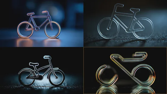 微型自行车剪影，轮廓光勾勒纤细车架，富士gfx100，80mm f/1.7，暗黑背景，高对比度，发光边缘，金属质感，极简构图，浅景深，冷色调，科技感，精准对焦，细腻画质，微弱环境光，静态美，未来风