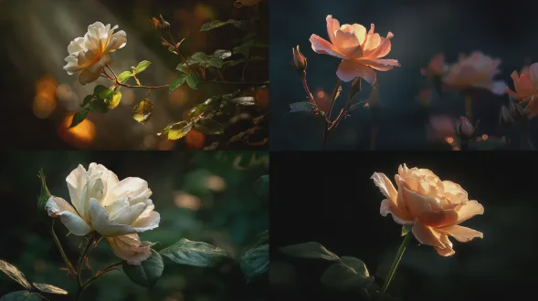 黑暗中的玫瑰绽放，光束轻抚花瓣散发柔和光芒，渐变的暗影赋予花朵呼吸感，佳能eos r5，100mm微距f/2.8，低角度拍摄，高对比度，暗调背景，局部光，细腻纹理，深绿色茎叶，暖金色光斑，静谧而神秘，微距特写，浅景深，柔焦过渡，自然渐晕，光影流动。