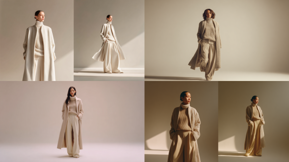 受之禾美学极简时尚大片，模特卡其色宽松双面羊绒大衣，美利奴羊毛质感茧形束腰，内搭沙色高领针织衫，宽腿羊毛裤飘逸，中性米色背景，柔和晨光漫射，宁静奢华，优雅姿态，超细面料细节，8k分辨率，电影级布光，哈苏镜头，高端质感，低调色调，极简构图，静态优雅